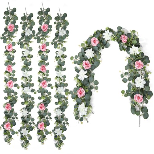 4 Pack Wedding Garland Set, Pink Rose & White Dahlia Hanging Flower Vines for Wedding Arch, Backdrop, Mantel, Home Decor (5.91ft) - color: Pink White