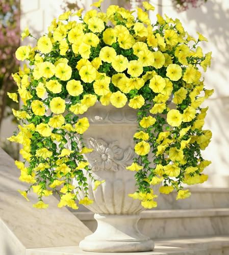 Ivydale 2 PCS Artificial Hanging Flowers Fake Plants Outdoor,Silk Morning Glory Faux Flowers with Eucalyptus Leaves,UV Resistant Realistic Hanging Petunias Plants for Home Garden Decor (Yellow) - color: Yellow