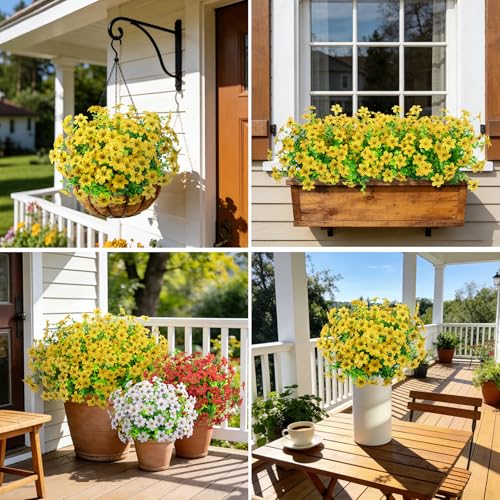 20 Bundles Artificial Flowers for Outdoors, Fake Silk Flowers UV Resistant Faux Realistic Plastic Plants for Spring Summer Porch Patio Garden Planter Window Box Home Decor, Yellow - color: Yellow
