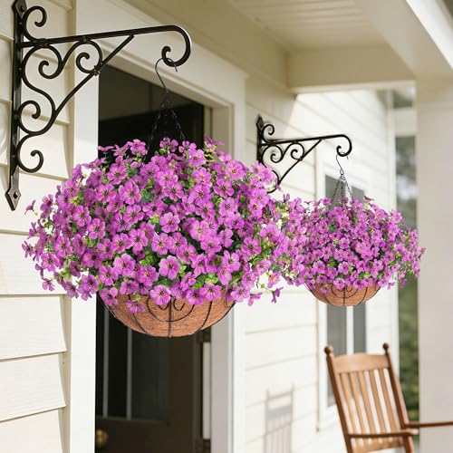 HyeFlora 2 Set Artificial Outdoor Flowers Hanging Basket, Faux Hanging Plants for Outside Spring Decoration, Fake Silk UV Resistant Look Real Daisy for Porch Patio Home Decor - color: Purple