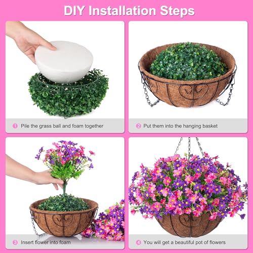 Ammyoo Artificial Hanging Flowers Basket for Patio Garden Porch Deck Spring Summer Decor, Artificial Daisy Arrangement,Fake Plants in 12 inch Coconut Lining Outdoor/Indoor(Pinkish Purple) - color: Pinkish Purple