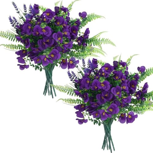 14 Bundles Artificial Flower Outdoor Stems Set,Faux Flowers for Outdoor Planters, Spring Front Porch Decor,UV Resistant Fake Flowers for Outside Party Garden Home Decoration（Purple） - color: Purple-14