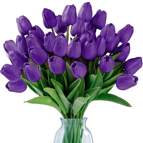 Sggvecsy 15 Pcs Fake Tulips Artificial Flowers Real Touch PU Faux Flowers Tulip Stems for Wedding Spring Bouquet Floral Arrangement Home Party Office Decorations for Mother's Day (Purple) - color: Purple, size: 15 Pcs