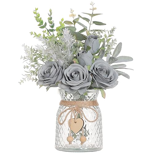 Faux Flowers with Vase,Artificial Silk Roses in Vase, Fake Plant Eucalyptus Flower Arrangement for Home Office Farmhouse Bathroom Dining Table Centerpiece Decorations Coffee Table Decor (Grey Blue) - color: Grey Blue