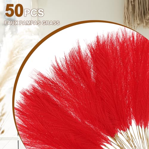 uxcell 50 Pcs Faux Pampas Grass 52cm/20.5" Artificial Fake Dried Pampas Grass Decor with Stem for Floor Vase Filler, Wedding Decoration, Home Decoration, Red - color: Red