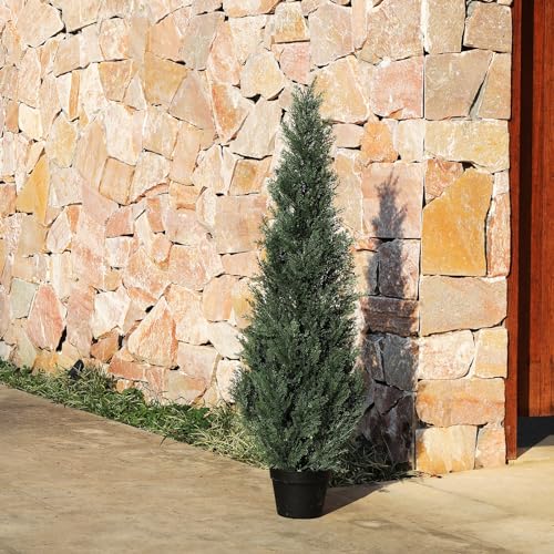 Laiwot 4FT Artificial Cedar Topiary Trees for Outdoors Potted Fake Cypress Trees Faux Evergreen Plants for Home Porch Decor Set of 2 - size: 4ft