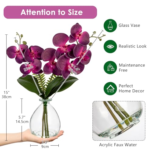 Oairse Purple Orchids Artificial Flowers, Faux Orchid in Glass Vase Real Touch Small Phalaenopsis Orchid Flowers Arrangements with Clear Vase Orchids Centerpiece for Dining Room Table - color: Purple & Clear