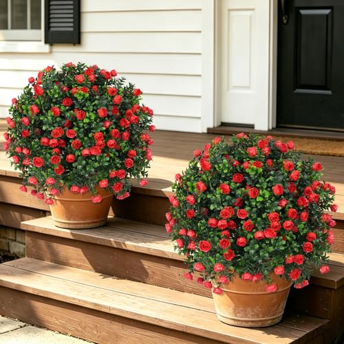 Yangrass Artificial Rose Topiary Ball Trees with Ground Spike, 2 Pack 16 Inches UV Resistant Artificial Shrubs, Fake Evergreen Artificial Plant Brush for Indoor Outdoor Front Porch Garden - color: Red Rose