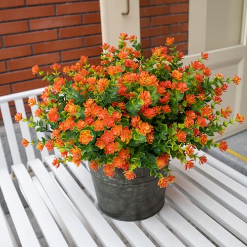 Fall Artificial Flowers for Outdoors, 12 Bundles UV Resistant Artificial Outdoor Flowers, Not-Fading Plastic Faux Fall Flowers for Outdoor Planters for Home Garden Porch Yard Decor, Orange - color: Orange