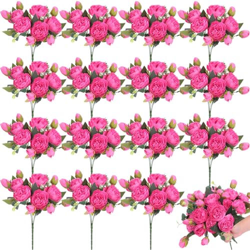 Yunlly 16 Packs Artificial Peony Flowers Faux Peonies Bouquet Silk Vintage Wedding Home Table Door Decor Reusable Bouquet Rose Flowers for Bridal Wedding Birthday Home(Rose Red,Peony) - color: Rose Red, size: Peony