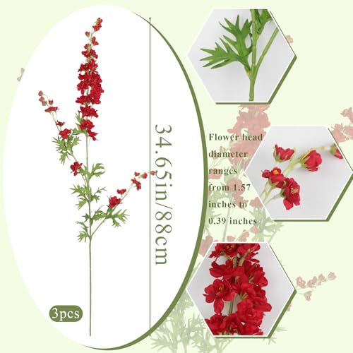CITYES 3 Pcs Delphinium Artificial Flowers Bulk 35" Long Stem Silk Larkspur Flowers Artificial Snapdragon Flower Stems Red Faux Bouquets for Tall Vase Floral Arrangements Home Outdoor Wedding Decor - color: Red