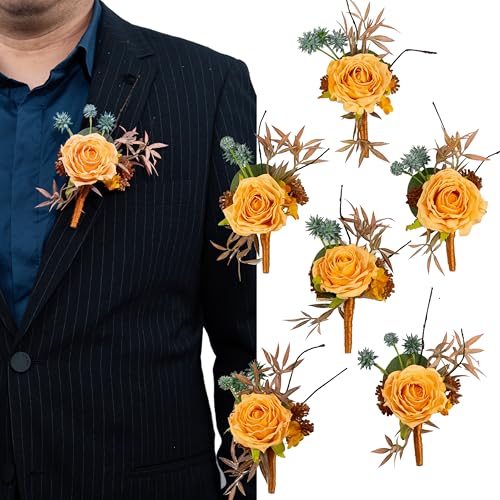 Burnt Orange&Teal Boutonniere for Men,Prom boutonnieres,Groom and Groomsmen Boutonniere for Ceremony Anniversary, Fall Wedding Decorations,Formal Dinner Party and Grad Night (Set of 6) - color: Burnt Orange&teal, size: set of 6