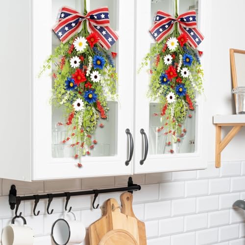 24inch Patriotic Red, White and Blue Floral Swag Wreath for Front Door Patriotic American Floral Teardrop Swags 4th of July Independence Day Rings Wreaths for Pillars Porch Wall Window Decor - color: Daisy Swag