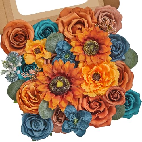 Serwalin Artificial Burnt Orange & Teal Flowers, Orange Silk Fake Flowers, Autumn Faux Sunflowers for Wedding Bouquet, Table Centerpieces, Home Decor - color: A Burnt Sunflower Orange & Teal, size: Square