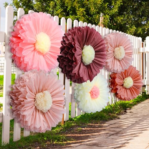 Giegxin 6 Pcs 31.5", 24" Pink Giant Paper Flower Boho Large Tissue Paper Flower for Wall Big Pink Pom Pom Floral Decorations for Wedding Bridal Shower Tea Party Baby Shower Classroom Birthday Decor - color: Pink, size: Circle 31.5", 24"