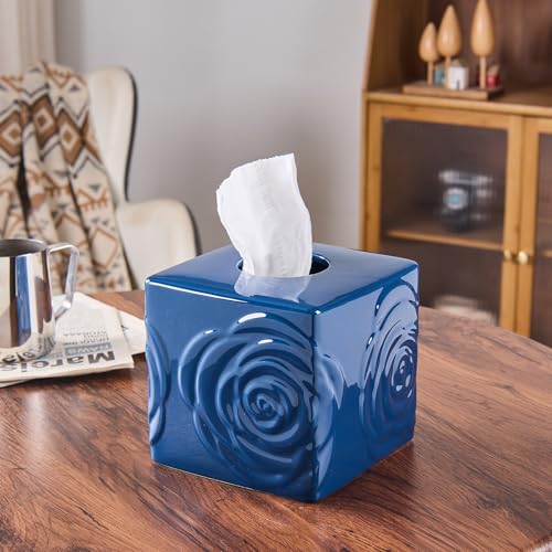Deep Blue Ceramic Cube Tissue Box Cover with Rose – Large Elegant Rose Floral Square Decorative Tissue Box Holder for Bathroom, Bedroom, Office Desk, Kitchen Counter – Perfect Housewarming Gift - color: Deep Blue