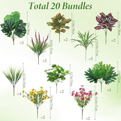 Dremisland 20 Bundles Fake Flowers Artificial Plants for Outdoors UV Resistant Faux Greenery Stems Silk Flowers Realistic Plastic Ferns Shrubs Plants for Planter Garden Patio Window Box Home Decor - color: With Flower