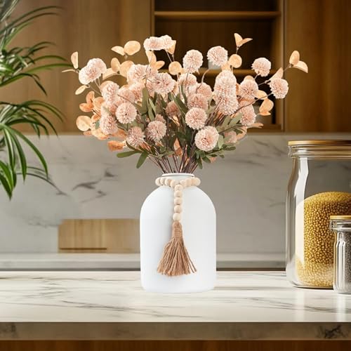 20''H Fake Flowers in Large Vase for Centerpiece Table Decorations with 10Pcs Fake Mums Flowers Eucalyptus Stems Faux Pompon Kiku Flowers Arrangement for Home Decor (Beige/White Vase) - color: Beige/White Vase