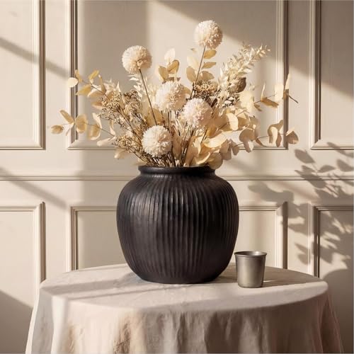 Oakrain Large Rustic Vase with Vertical Ribbed Texture, 11" Vintage Black Round Vase, Decorative Planter for Indoor, Table Centerpieces, Distressed Decor - color: Matte Black, size: 11" Dia