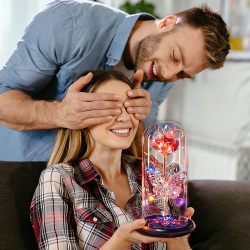 Mothers Day Flowers Gifts for Mom Women Birthday Gift, Galaxy Glass Rose Forever Eternal Crystal Flowers Rose in Glass Dome with Butterfly Mother's Day Roses Gifts for Mom Daughter Wife Grandma Red - color: E Red