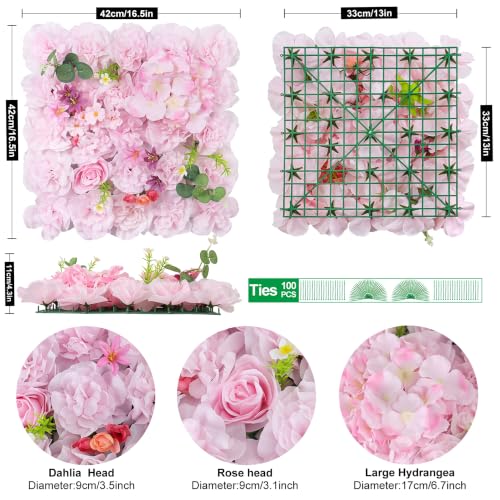 Artificial Flower Wall Backdrop 16.5''*16.5'' 12Pcs 3D Silk Floral Peony Wedding Wall Panel Faux Rose Decor for Wedding Home Thanksgiving Day Event Birthday Party Decoration - color: Pink and White, size: 16.5inch