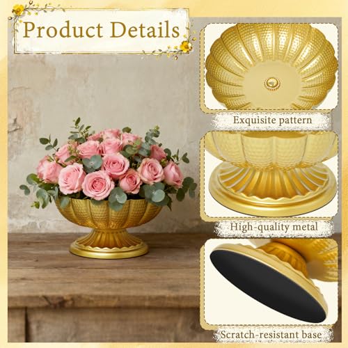 Gold Metal Urn Vases Set - 3.7 Inch Small Pedestal Flower Pot for Wedding Centerpieces, Table Decor, Floral Arrangements, Anniversary Party, Home Decoration (2, Gold-3.7"×7.3")