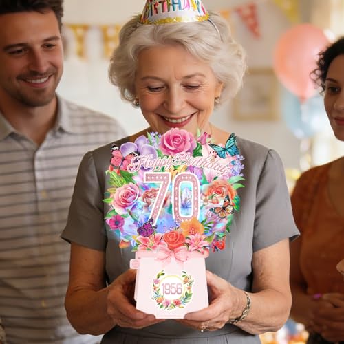 70th Birthday Cards, Light and Music 70 Years Old Happy Birthday Card, Rose Lily Orchid and Butterflies, 10 Inch Forever Flower Bouquet 3D Pop Up 1956 Birthday Gift Card for Women Wife Mom Grandma Sister - size: 1956-70th