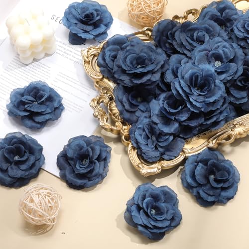 Yunlly 100 Pcs Artificial Flowers Fake Silk Roses Long Stem Rose Bouquet Wedding Party Home Decor for DIY Baby Shower Centerpieces Tables Home Decorations(Navy Blue) - color: Navy Blue