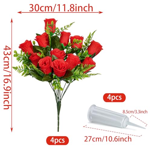 XONOR Artificial Cemetery Flowers, Set of 2 Artificial Rose Bouquet Grave Memorial Flowers with Vase for Cemetery Headstones Decoration (Red, Set of 4) - color: Red-4pcs