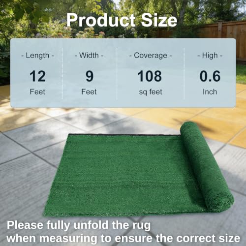 9ft x 12ft Outdoor Artificial Grass Rug, Turf Carpet with 15mm Pile Height for Large Area Coverage, Durable Grass Mat for Patio, Garden, Deck & Poolside, Fast Drainage, Low Maintenance - size: 9 x 12 FT
