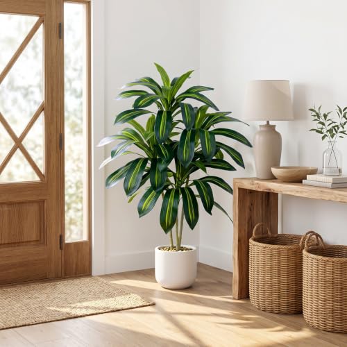 Artificial Dracaena Tree-4FT Fake Plants with White Planter-Artificial Plants Indoor Floor Plant in Pot-Tropical Fake Yucca Potted Tree for Home Office Living Room Decor - color: White, size: 4 FT