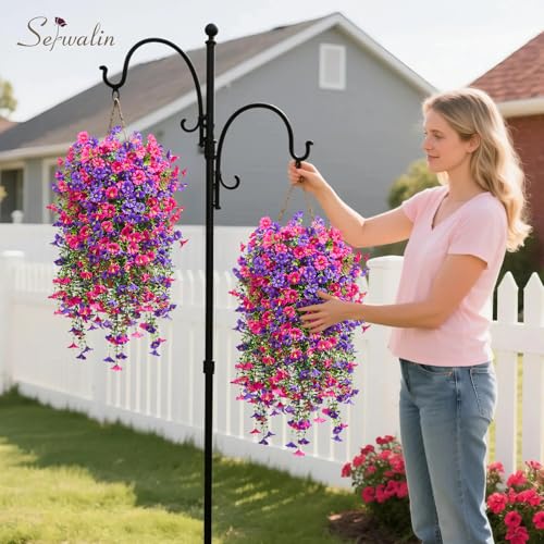 Serwalin Artificial Hanging Flowers for Outdoors Decoration, 4PCS UV Resistant Silk Artificial Fake Plants Outdoor for Porch Patio Balcony Indoor Planter Yard Decor (Purple&Rose Pink,4PCS) - color: Purple&rose Pink