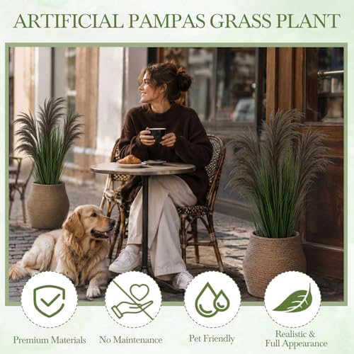 Jexine 2 Pcs Pampas Grass Potted Plants 3 ft Tall Artificial Grass Potted Artificial Greenery Floor Plants Tall in Pot for Housewarming Gift House Garden Bathroom Lobby Outdoor Decoration (Greeny) - color: Greeny, size: 3 ft