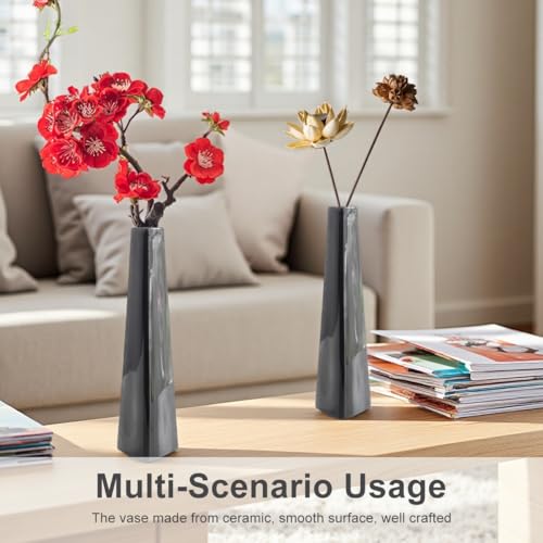 7 Inch Black Ceramic Vase, Modern Minimalist Tapered Triangle Bud Vase, Single Stem Floral Arrangement Holder Tabletop Vase for Home Office Wedding Decor