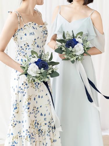 Rinlong Navy Blue Bridesmaid Bouquet for Wedding, Prom, Homecoming | Silk Bridal Bouquet, Destination Friendly - color: 21-blue & Sage