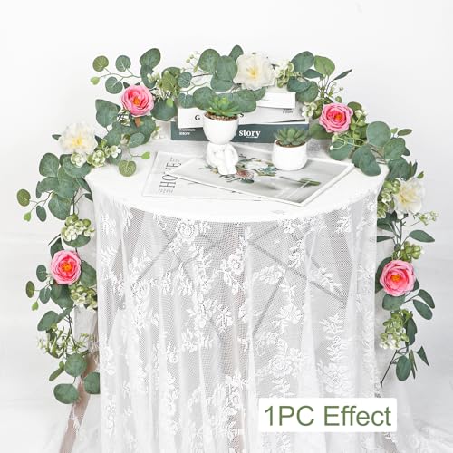 TOCHGREEN 4 Pack Artificial Eucalyptus Flower Garland with White Pink Roses, Fake Rose Flower Greenery Garland Floral Vines for Wedding Home Party Table Runner Decor (White Pink, 4PCS) - color: White Pink, size: 4PCS