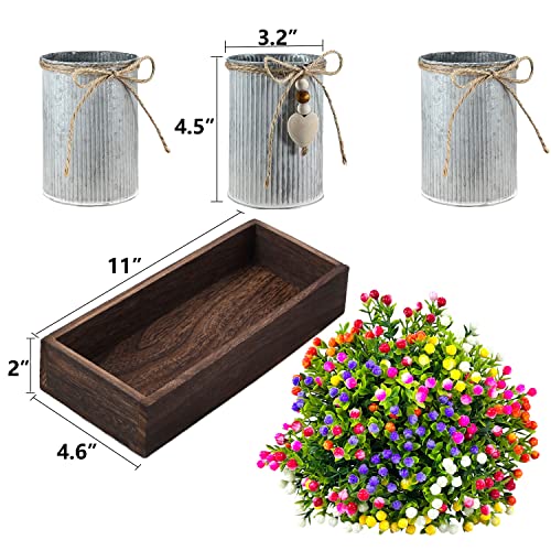 Table Centerpiece Decoration Artificial Flower Set with 3 Fake Milan Bouquet and Wood Tray for Desk Home Bathroom Office Décor - style: Milan Bouquet