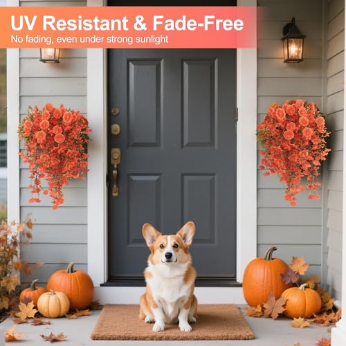 Fall Decor Artificial Flowers for Outdoor Decoration, 4Pcs Fake Hanging Flowers Morning Glory UV & Fading Resistant, Artificial Faux Plants for Home Patio Yard Garden Farmhouse Halloween - color: Autumn Orange