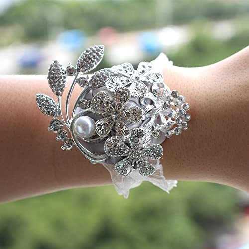 WANLIAN Wrist Corsage with Peal and Rhinestone Prom Corsages Wrist for Wedding,Wedding Ceremony Anniversary,Party (Silver Gray，Wrist Corsage) - color: Silver Gray，wrist Corsage