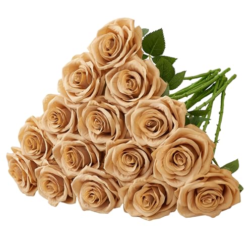 15pcs Fake Roses Artificial Silk Flowers Faux Rose Flower Long Stems Bouquet for Arrangement Wedding Centerpiece Party Home Kitchen Decor - color: 15pcs Tan