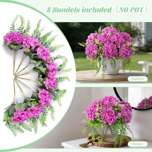 Ammyoo 8 Pcs Artificial Hydrangea Flowers Silk Purple Fake Flower with Eucalyptus for Outdoor Decorations UV Resistant Realistic Faux Plants for Garden Porch Window Box Indoor Table Decor - color: Purple