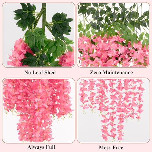 U'Artlines 24 Pack (Total 86.4 Feet) Artificial Fake Wisteria Vine Rattan Hanging Garland Silk Flowers String Home Party Wedding Decor (24, Fuchsia) - color: Fuchsia