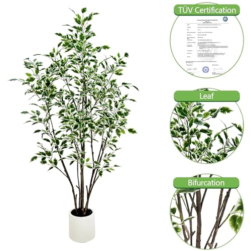 5ft Artificial Ficus Tree with White Plastic Planter | Foliage: Designed with natural green and white variegated leaves for lifelike indoor landscape - color: White, size: 5ft
