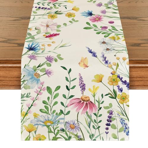 Artoid Mode Daisy Eucalyptus Lavender Floral Leaves Summer Table Runner, Spring Kitchen Dining Table Decoration for Home Party Decor 13x72 Inch - color: Beige, size: 13" x 72", Table Runner