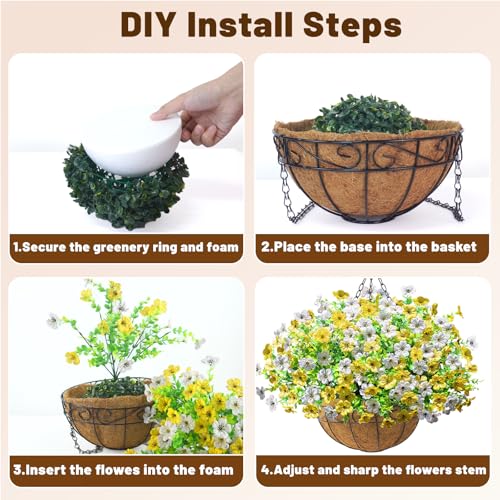2 Pack Artfiticial Hanging Flowers Baskets for Outdoors, UV Resistant Faux Hanging Plants, 24 Pcs Fake Silk Flowers for Patio Garden Front Porch Balcony Decor (Yellow White) - color: Yellow White