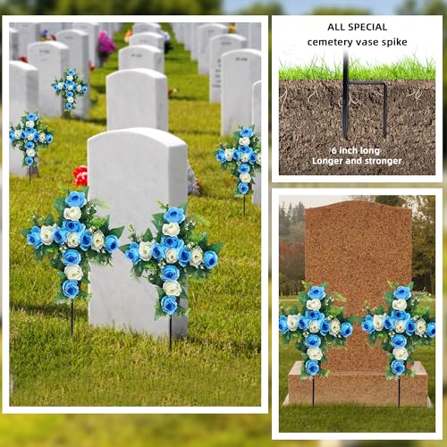 Artificial Cemetery Flowers,Set of 2 Faux Floral Cross,Artificial Rose Bouquet Decoration for Cemetery Headstones Gravesites,Silk Flowers for Long-Lasting Remembrance (Blue) - color: Blue