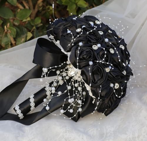 Ujicde Romantic Wedding Bouquet Bridal Bridesmaid Round Bling Brooch Bouquet Throw Toss Artificial Rose Flower Bunch with Sparkle Rhinestone Crystal Decoration(Black,Dia. 6.3"*16cm) - color: Black, size: Dia. 6.3"*16cm