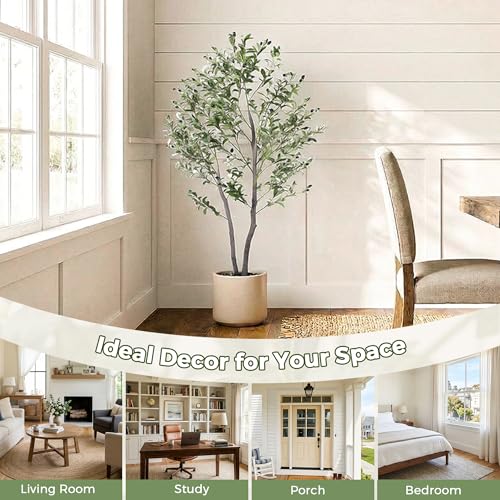 Jocoevol Olive Tree Artificial Indoor 5FT，Tall Faux Olive Tree with White Planter，Realistic Artificial Olive Tree Indoor with Natural Trunk and Lifelike Fruits for Home Office Living Room - size: 5ft