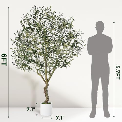 Jocoevol Olive Trees Artificial Indoor, 6FT Tall Faux Olive Tree with White Tall Planter, Artificial Plants with Natural Wood Trunk and Lifelike Fruits for Home Office Decor, 1 Pack - size: 6ft