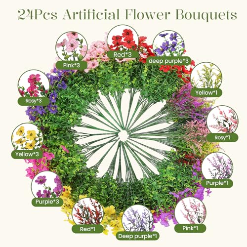 SHareconn 24 Bundles Artificial Flowers for Outdoors Decoration, Faux Plants Fake Silk Colorful Daisy Eucalyptus Lavender, UV Resistant for Outside Home Porch Indoor Spring Decor, 6 Colors incl. Red - color: Redrosypurpledeeppurpleyellowpink